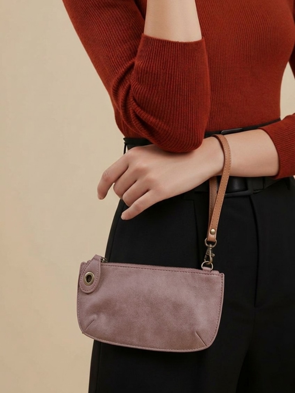 Suede Wristlet Clutch in Dusty Mauve with Detachable Strap